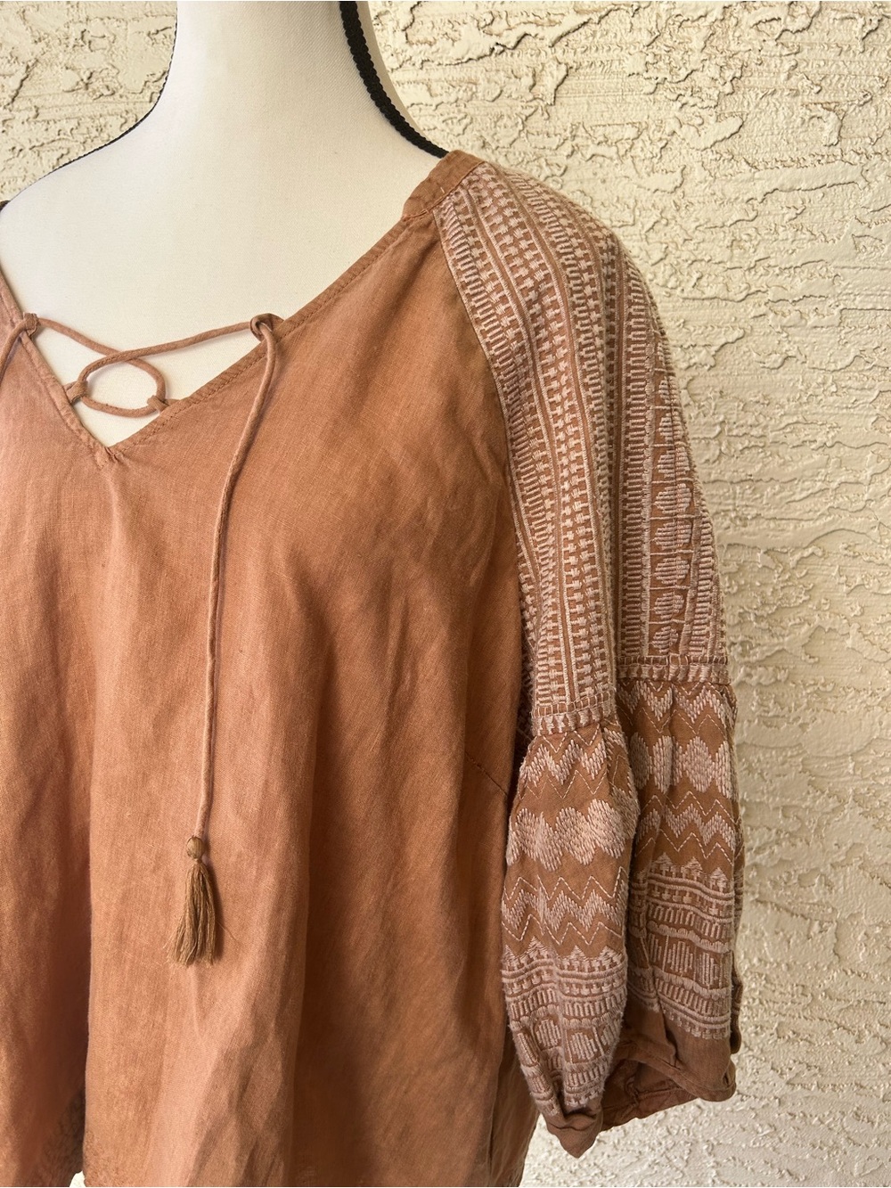 Wrap London Rust-Tan Embroidered Lace-Up Peasant Tunic - Picture 3 of 7